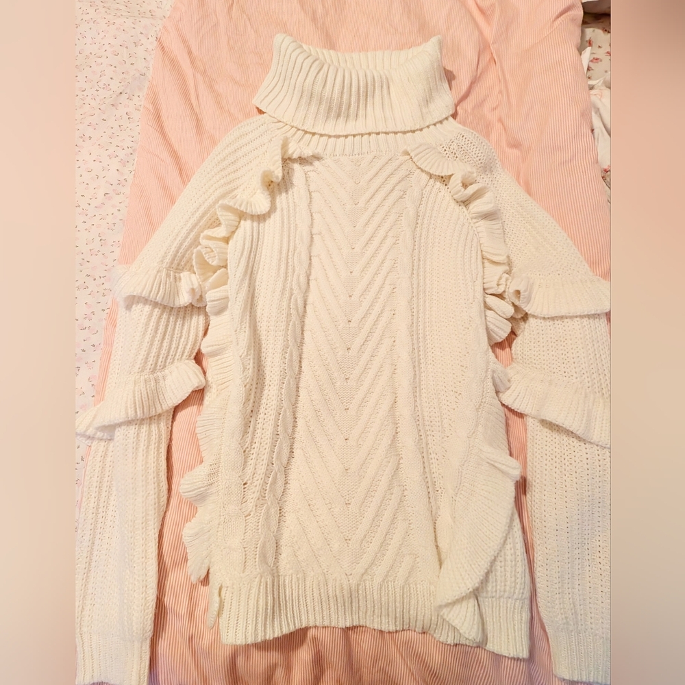 Charlotte Russe Ivory Turtleneck Sweater with Ruffle Accents